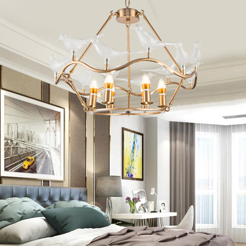 Modern Iron Candle Chandelier Ceiling Fixture in Gold with Clear Glass Birds - 6/9-Head for Living Room
