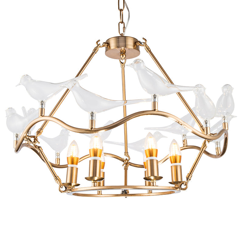 Modern Iron Candle Chandelier Ceiling Fixture in Gold with Clear Glass Birds - 6/9-Head for Living Room