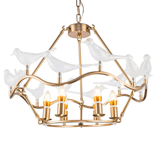 Modern Iron Candle Chandelier Ceiling Fixture in Gold with Clear Glass Birds - 6/9-Head for Living Room