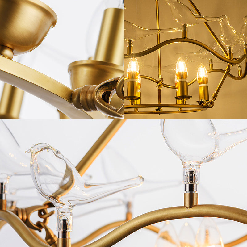 Postmodern Iron Candle Chandelier With Clear Glass Birds - 6/9-Head Gold Ceiling Fixture For Living