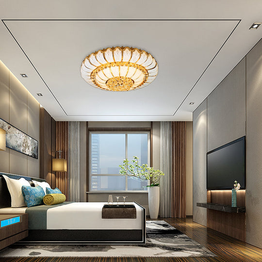 Modern Gold Flush Mount Ceiling Light with K9 Crystal Accents - 10/19-Lights, Glass Shade - 18"/23.5" Wide