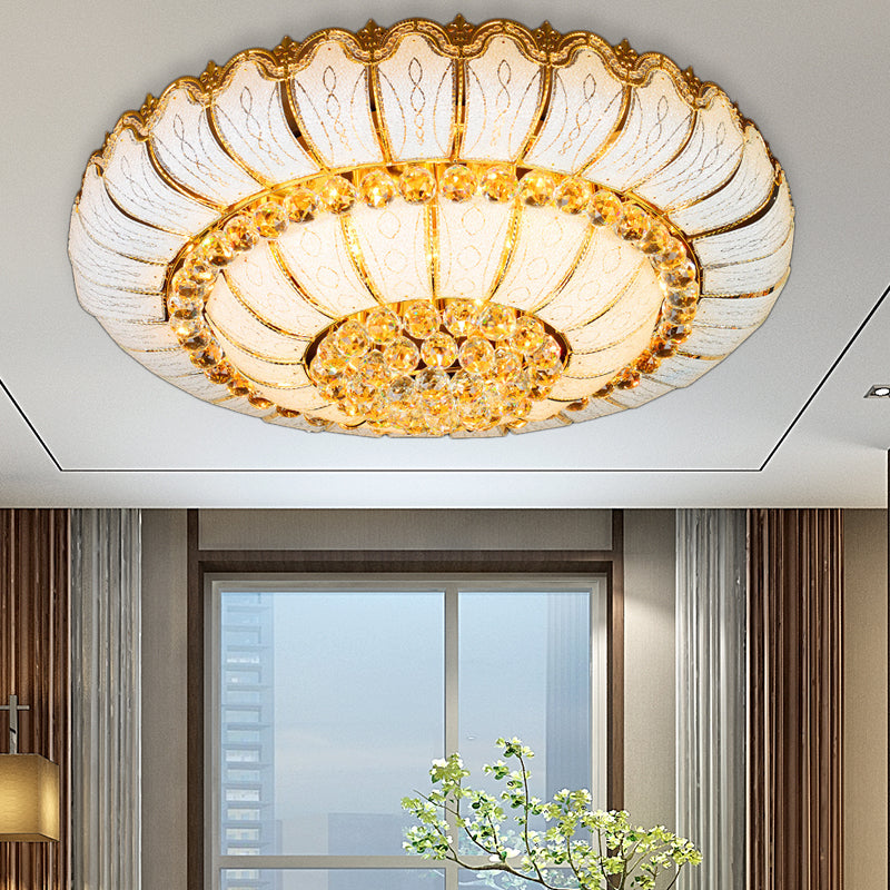 Modern Gold Flush Mount Ceiling Light with K9 Crystal Accents - 10/19-Lights, Glass Shade - 18"/23.5" Wide