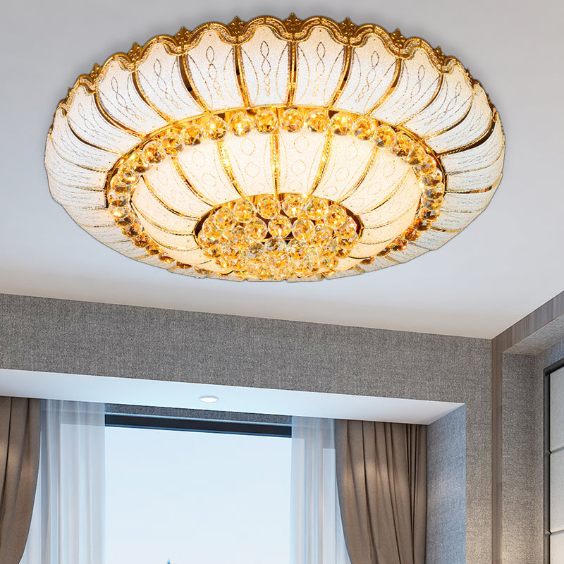 Modern Gold Flush Mount Ceiling Light with K9 Crystal Accents - 10/19-Lights, Glass Shade - 18"/23.5" Wide