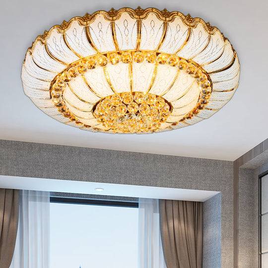 Modern Gold Flush Mount Ceiling Light with K9 Crystal Accents - 10/19-Lights, Glass Shade - 18"/23.5" Wide