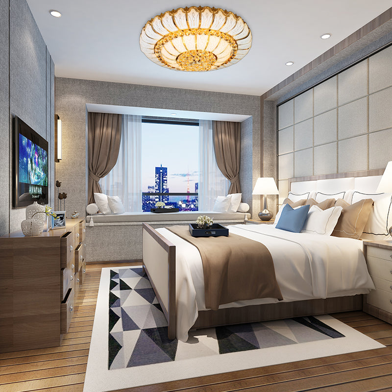 Modern Gold Flush Mount Ceiling Light with K9 Crystal Accents - 10/19-Lights, Glass Shade - 18"/23.5" Wide