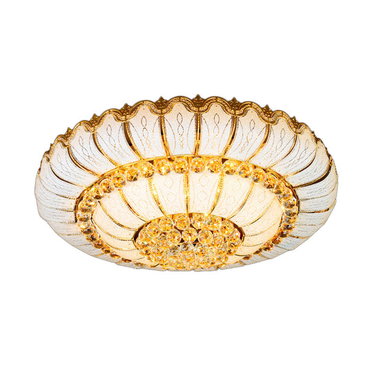 Modern Gold Flush Mount Ceiling Light with K9 Crystal Accents - 10/19-Lights, Glass Shade - 18"/23.5" Wide