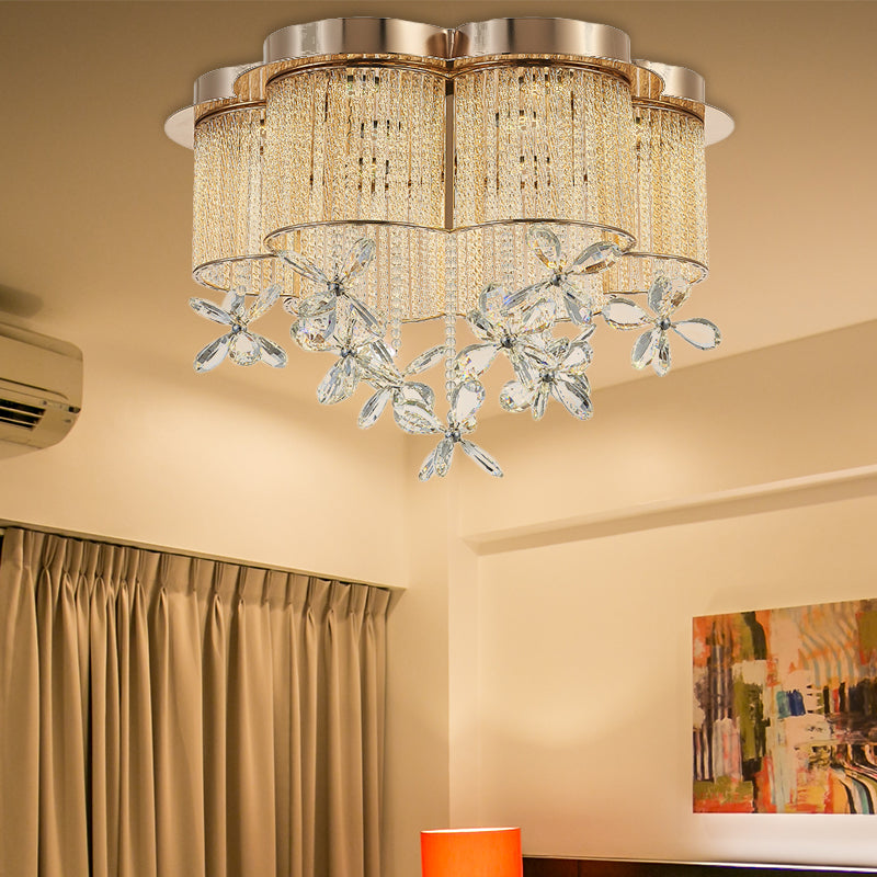 Modern Gold Flower Shade Flushmount LED Pendant Light with Clear Crystal Accents, 19.5"/23.5" Wide