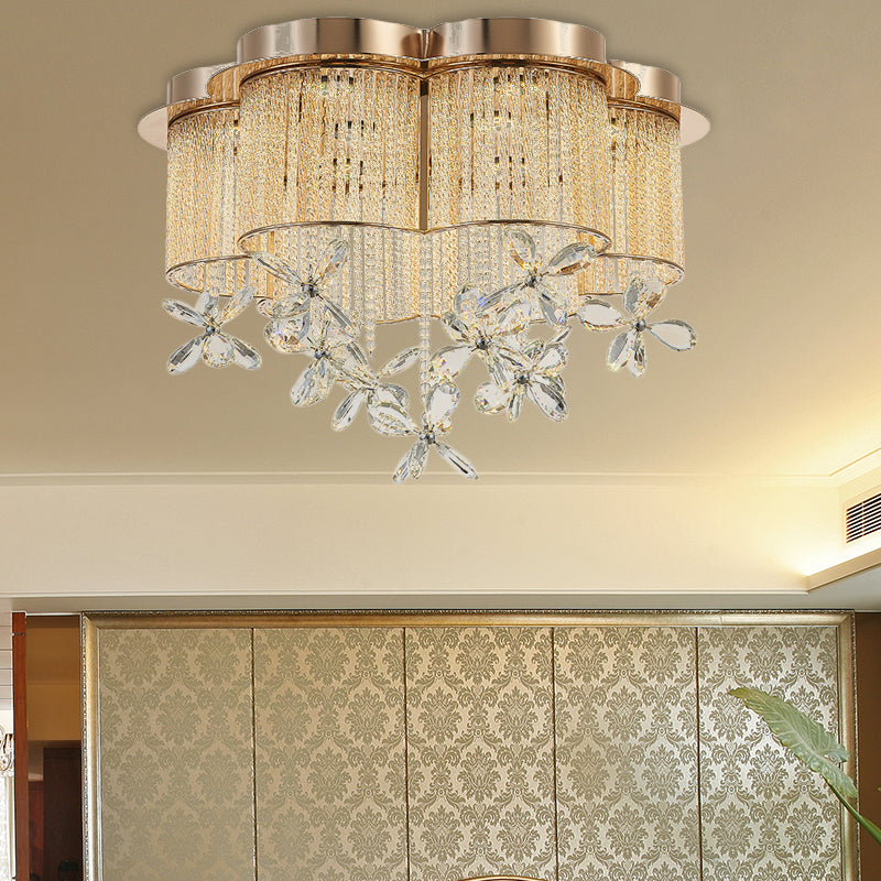 Modern Gold Flower Shade Flushmount LED Pendant Light with Clear Crystal Accents, 19.5"/23.5" Wide