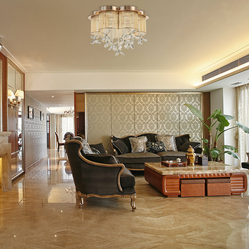 Modern Gold Flower Shade Flushmount LED Pendant Light with Clear Crystal Accents, 19.5"/23.5" Wide