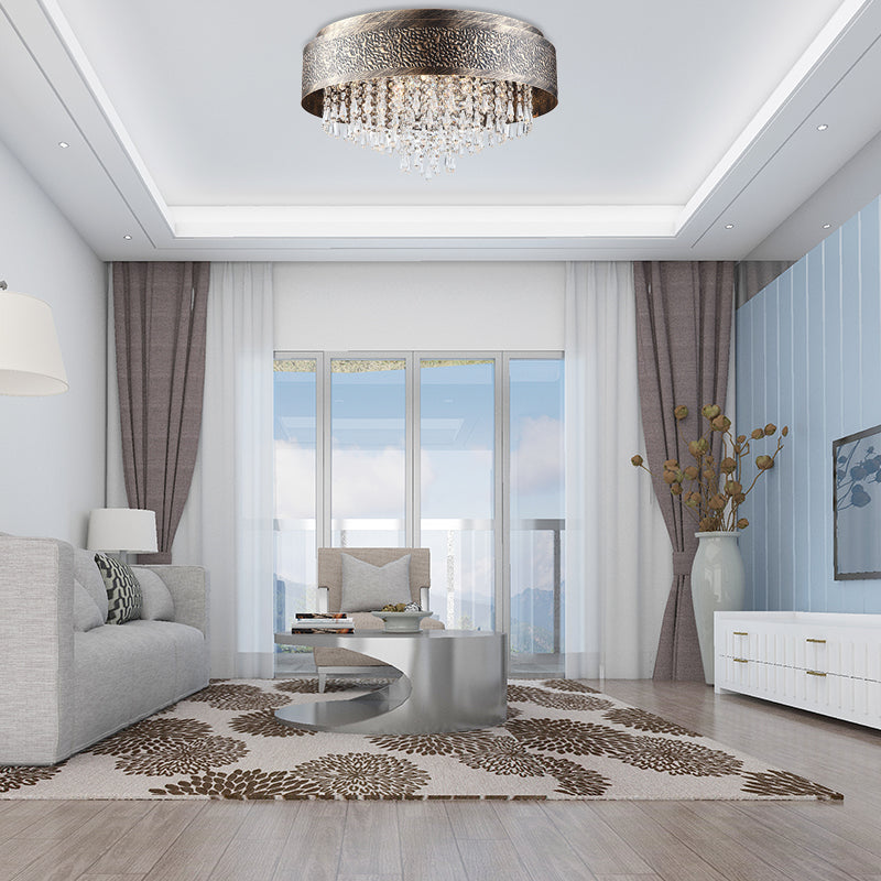 Antique Style Bronze Drum Flush Lamp with Crystal Accent, 5/9 Light Iron Flush Mount Ceiling Light - 16"/19.5" Width