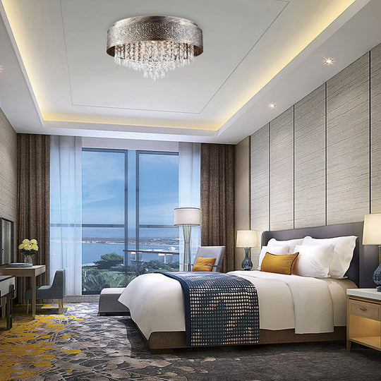 Antique Style Bronze Drum Flush Lamp with Crystal Accent, 5/9 Light Iron Flush Mount Ceiling Light - 16"/19.5" Width