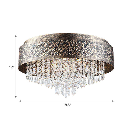 Antique Style Bronze Drum Flush Lamp with Crystal Accent, 5/9 Light Iron Flush Mount Ceiling Light - 16"/19.5" Width