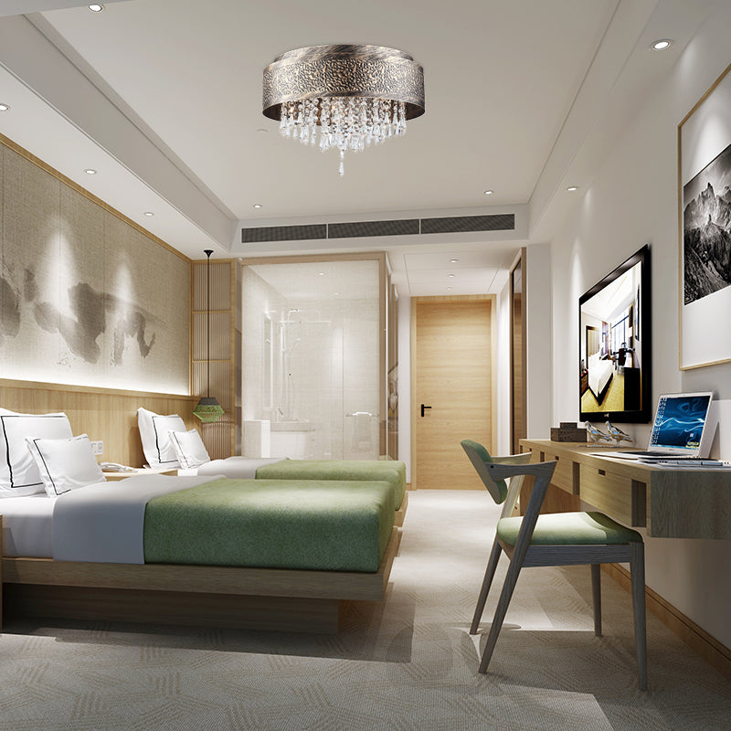 Antique Style Bronze Drum Flush Lamp with Crystal Accent, 5/9 Light Iron Flush Mount Ceiling Light - 16"/19.5" Width