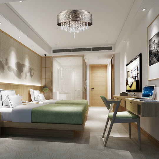 Antique Style Bronze Drum Flush Lamp with Crystal Accent, 5/9 Light Iron Flush Mount Ceiling Light - 16"/19.5" Width