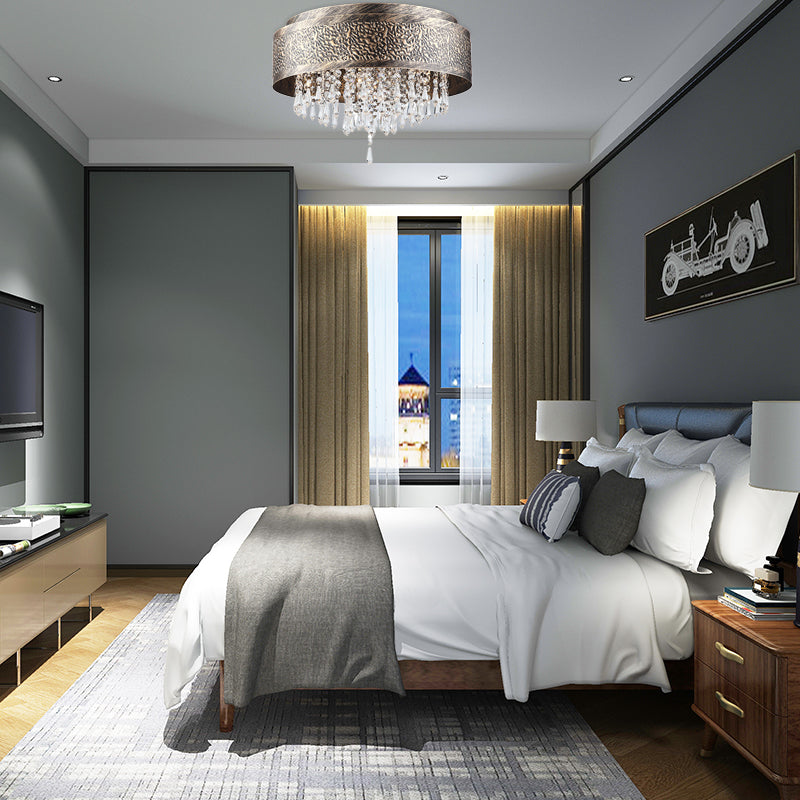 Antique Style Bronze Drum Flush Lamp with Crystal Accent, 5/9 Light Iron Flush Mount Ceiling Light - 16"/19.5" Width