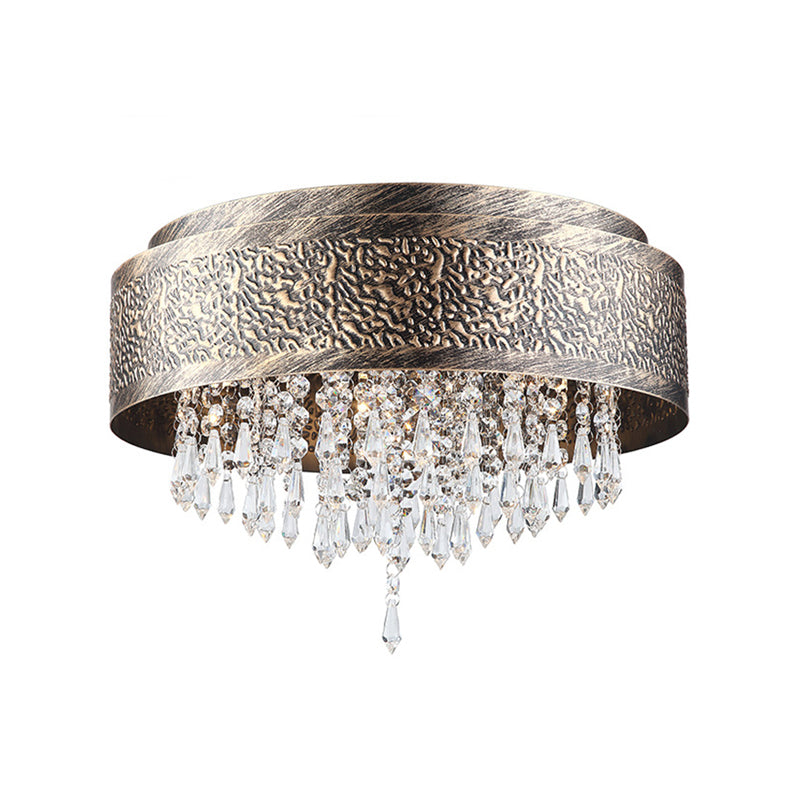 Antique Style Bronze Drum Flush Lamp with Crystal Accent, 5/9 Light Iron Flush Mount Ceiling Light - 16"/19.5" Width