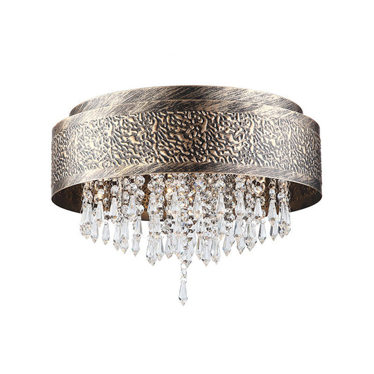 Antique Style Bronze Drum Flush Lamp with Crystal Accent, 5/9 Light Iron Flush Mount Ceiling Light - 16"/19.5" Width