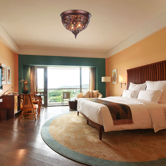 Vintage Metal Ceiling Light With Crystal Bead In Weathered Copper - 2-Light Flush Mount Fixture