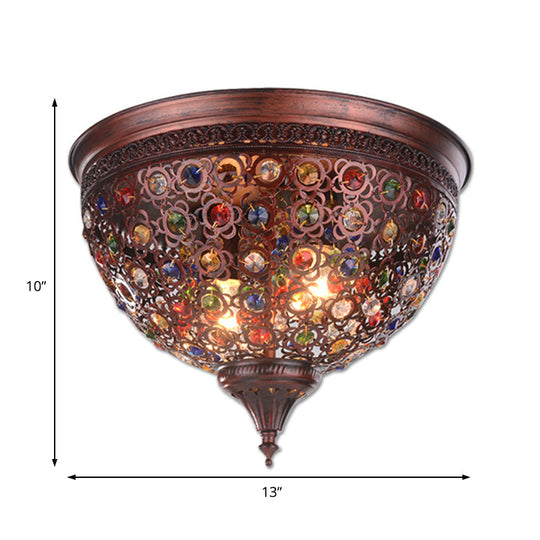 Vintage Metal Ceiling Light with Crystal Bead in Weathered Copper - 2-Light Flush Mount Fixture