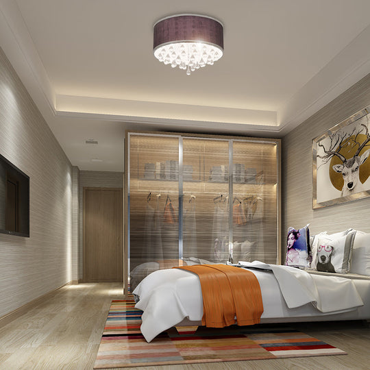 Contemporary Black Drum Flush Pendant Light with Clear Teardrop Crystal Accent - 6/8 Lights, 18"/19.5" Dia