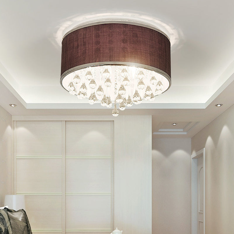 Contemporary Black Drum Flush Pendant Light with Clear Teardrop Crystal Accent - 6/8 Lights, 18"/19.5" Dia