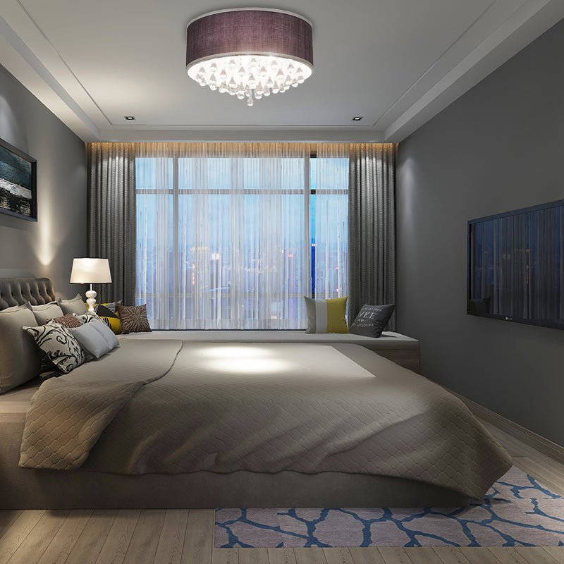 Contemporary Black Drum Flush Pendant Light with Clear Teardrop Crystal Accent - 6/8 Lights, 18"/19.5" Dia