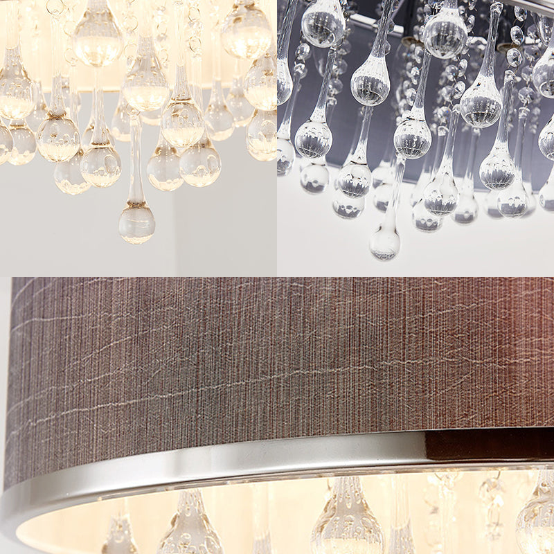 Contemporary Black Drum Flush Pendant Light with Clear Teardrop Crystal Accent - 6/8 Lights, 18"/19.5" Dia