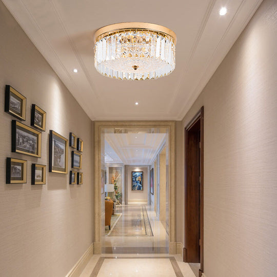 Modernist Metal Flush Mount Lamp with LED Drum Shade and Crystal Prism in Gold Finish - 14"/18" Wide