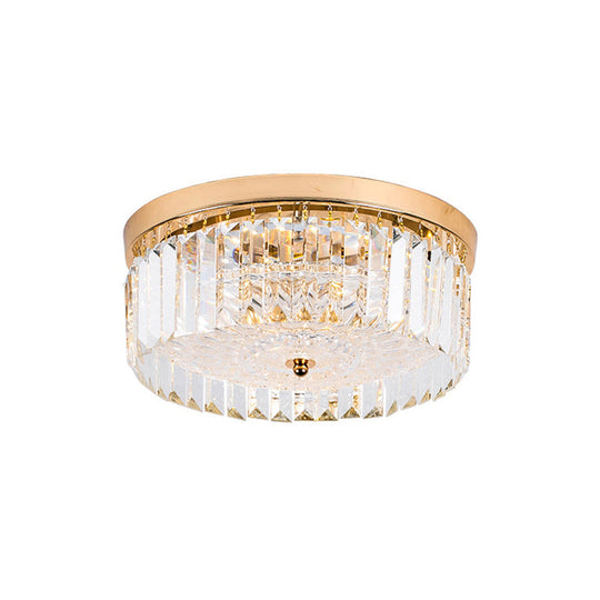 Modernist Metal Flush Mount Lamp with LED Drum Shade and Crystal Prism in Gold Finish - 14"/18" Wide