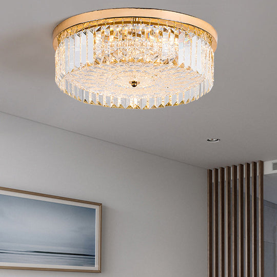 Modernist Metal Flush Mount Lamp with LED Drum Shade and Crystal Prism in Gold Finish - 14"/18" Wide
