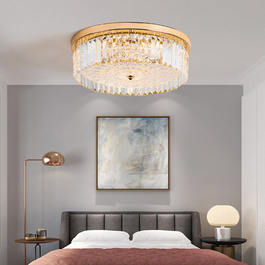 Modernist Metal Flush Mount Lamp with LED Drum Shade and Crystal Prism in Gold Finish - 14"/18" Wide