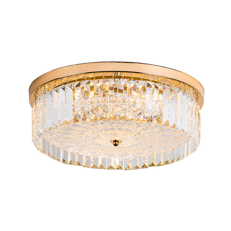 Modernist Metal Flush Mount Lamp with LED Drum Shade and Crystal Prism in Gold Finish - 14"/18" Wide