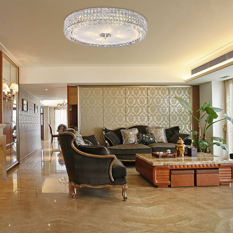 Contemporary Clear Crystal Multi-Head Flush Mount Ceiling Light in Chrome - 16"/19.5" W Drum Flush Mount Lamp