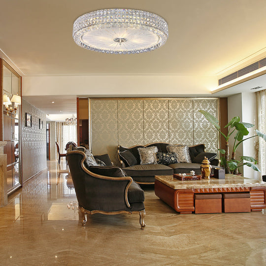 Contemporary Clear Crystal Multi-Head Flush Mount Ceiling Light in Chrome - 16"/19.5" W Drum Flush Mount Lamp