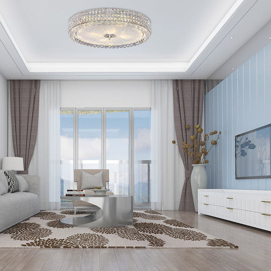 Contemporary Clear Crystal Multi-Head Flush Mount Ceiling Light in Chrome - 16"/19.5" W Drum Flush Mount Lamp