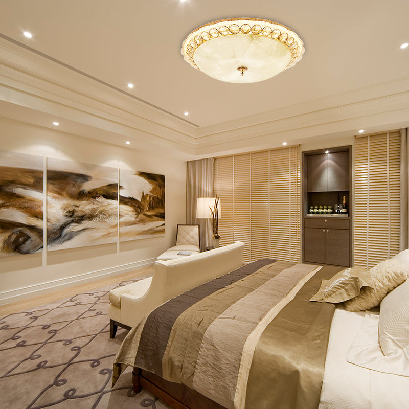 Modern LED Flush Ceiling Light with Textured Glass Bowl, Crystal Accent in Gold - 12"/16" Wide