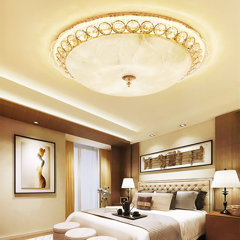 Modern LED Flush Ceiling Light with Textured Glass Bowl, Crystal Accent in Gold - 12"/16" Wide