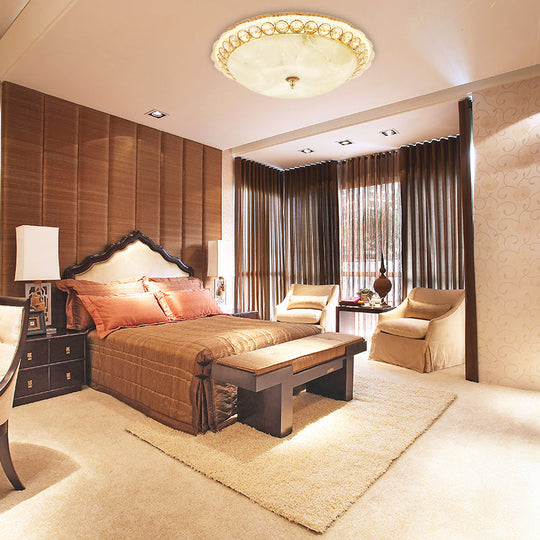 Modern LED Flush Ceiling Light with Textured Glass Bowl, Crystal Accent in Gold - 12"/16" Wide