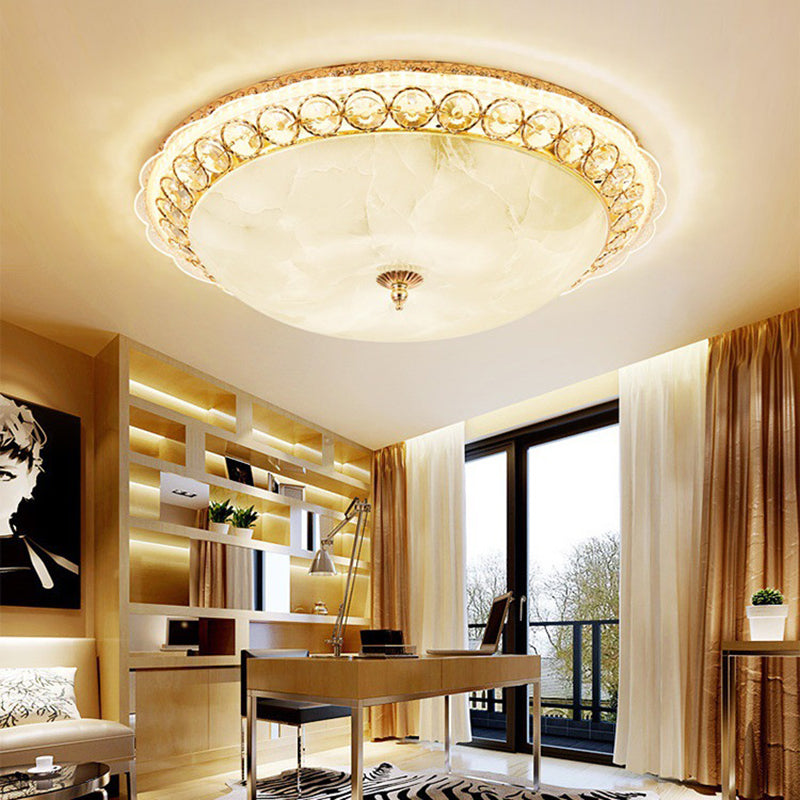 Modern LED Flush Ceiling Light with Textured Glass Bowl, Crystal Accent in Gold - 12"/16" Wide