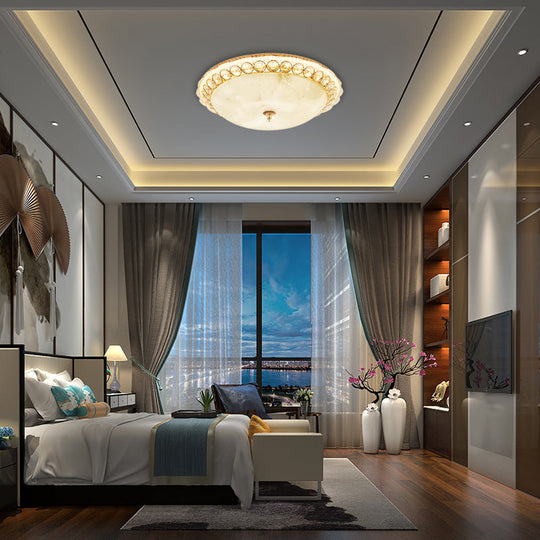 Modern LED Flush Ceiling Light with Textured Glass Bowl, Crystal Accent in Gold - 12"/16" Wide