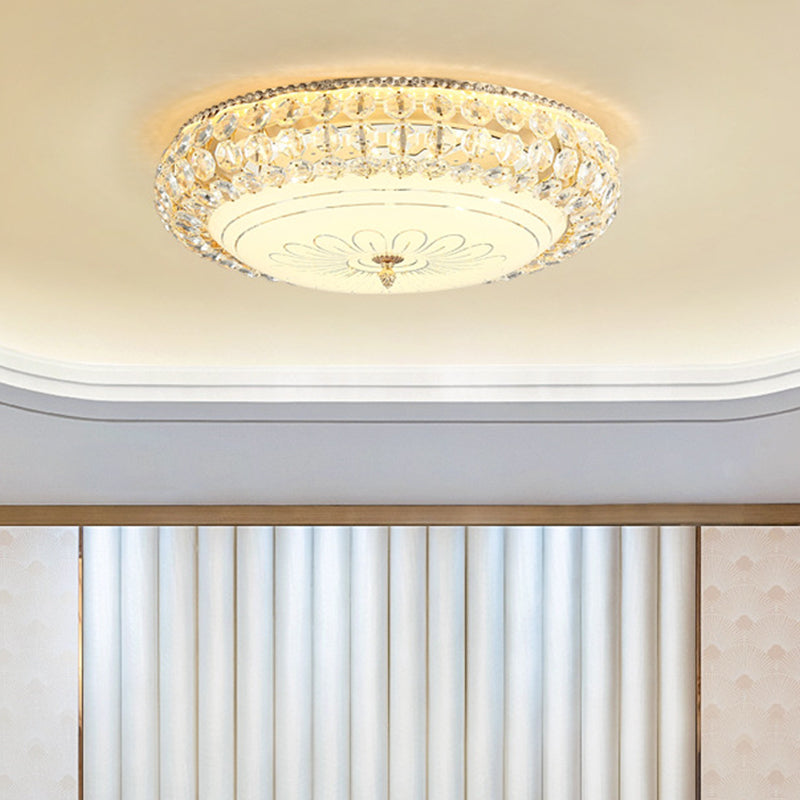 Contemporary Frosted Glass LED Ceiling Light with K9 Crystal in Gold - 12"/16" Wide
