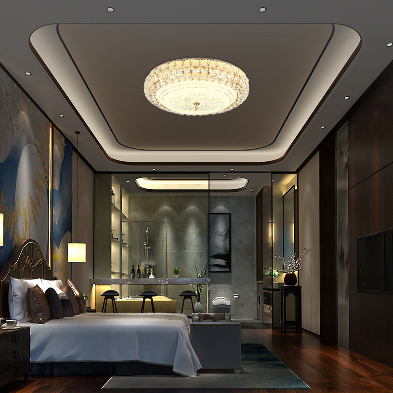 Contemporary Frosted Glass LED Ceiling Light with K9 Crystal in Gold - 12"/16" Wide