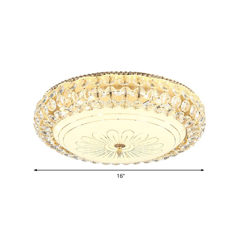 Contemporary Frosted Glass LED Ceiling Light with K9 Crystal in Gold - 12"/16" Wide