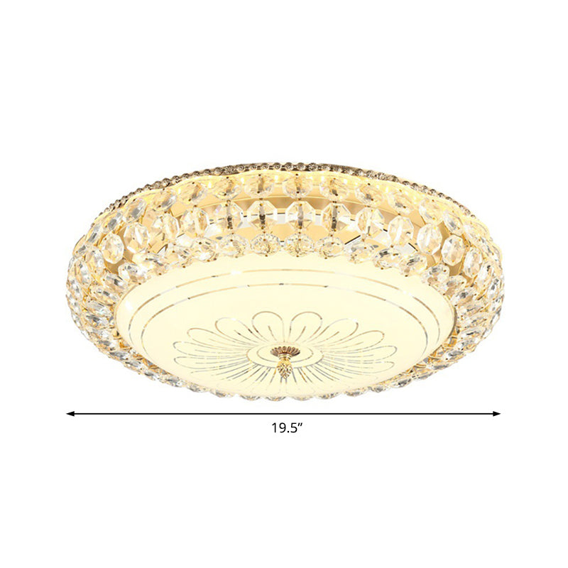 Contemporary Frosted Glass LED Ceiling Light with K9 Crystal in Gold - 12"/16" Wide