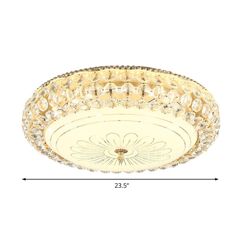 Contemporary Frosted Glass LED Ceiling Light with K9 Crystal in Gold - 12"/16" Wide