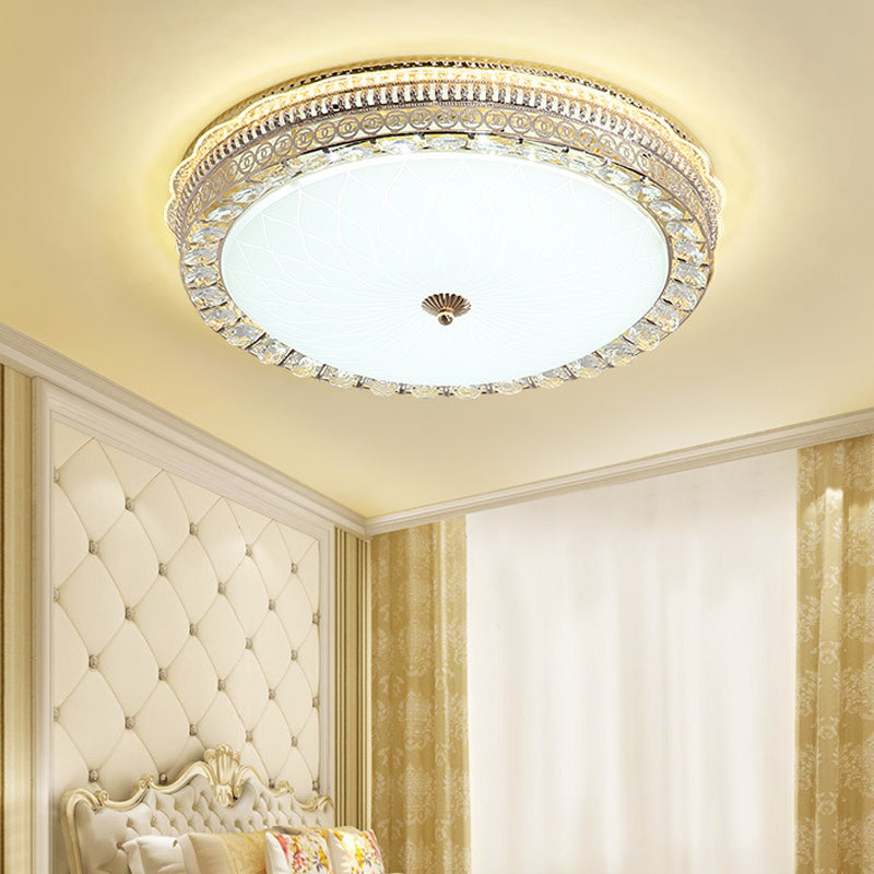 Modern LED Flush Light Fixture with Clear Crystal Accent and Frosted Glass in Gold