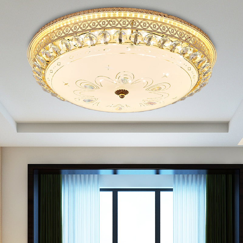 Modern Gold Flush Mount Ceiling Light with Opal Glass LED and Crystal Accent - 16"/19.5" W Round Flush Light for Bedroom