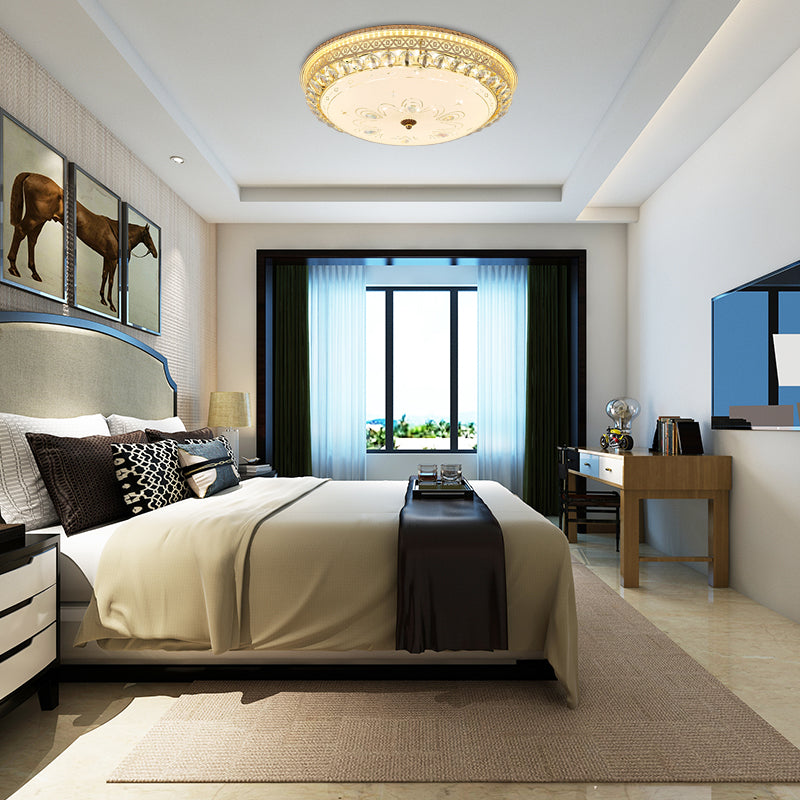 Modern Gold Flush Mount Ceiling Light with Opal Glass LED and Crystal Accent - 16"/19.5" W Round Flush Light for Bedroom