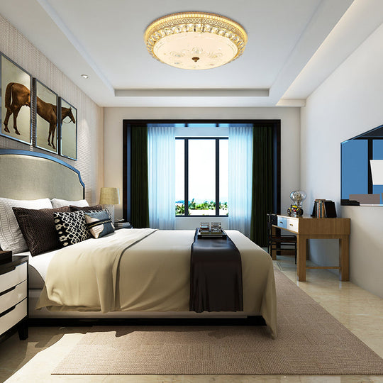 Modern Gold Flush Mount Ceiling Light with Opal Glass LED and Crystal Accent - 16"/19.5" W Round Flush Light for Bedroom