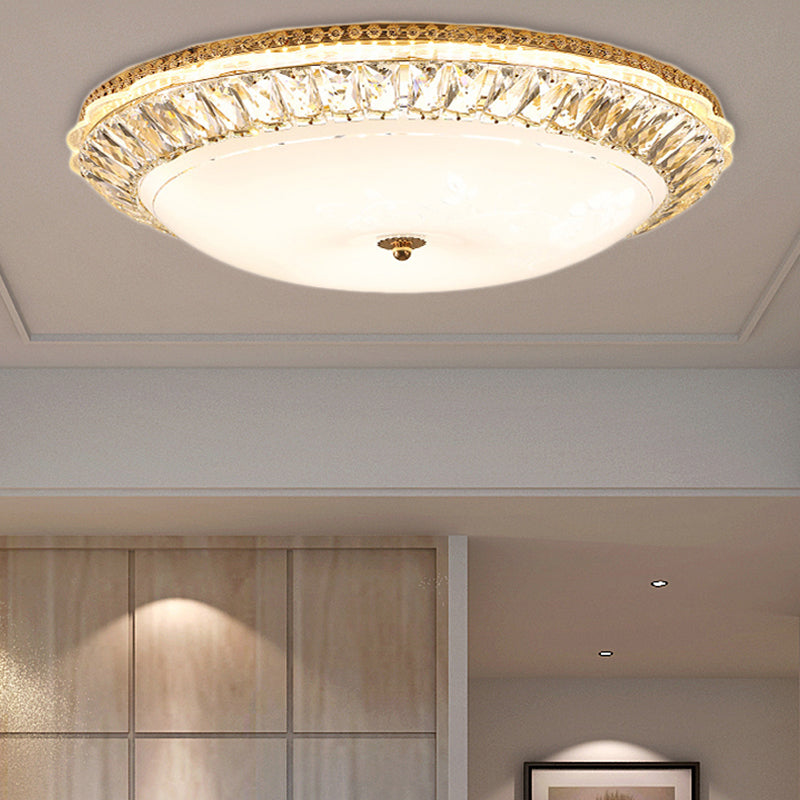 Contemporary LED Flush Mount Ceiling Light with Opal Glass Bowl and Crystal Accents - 12"/16" Gold